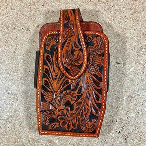 Hand Tooled Style Leather Cell Phone Belt Holster Brown Western Cowboy MSRP $60